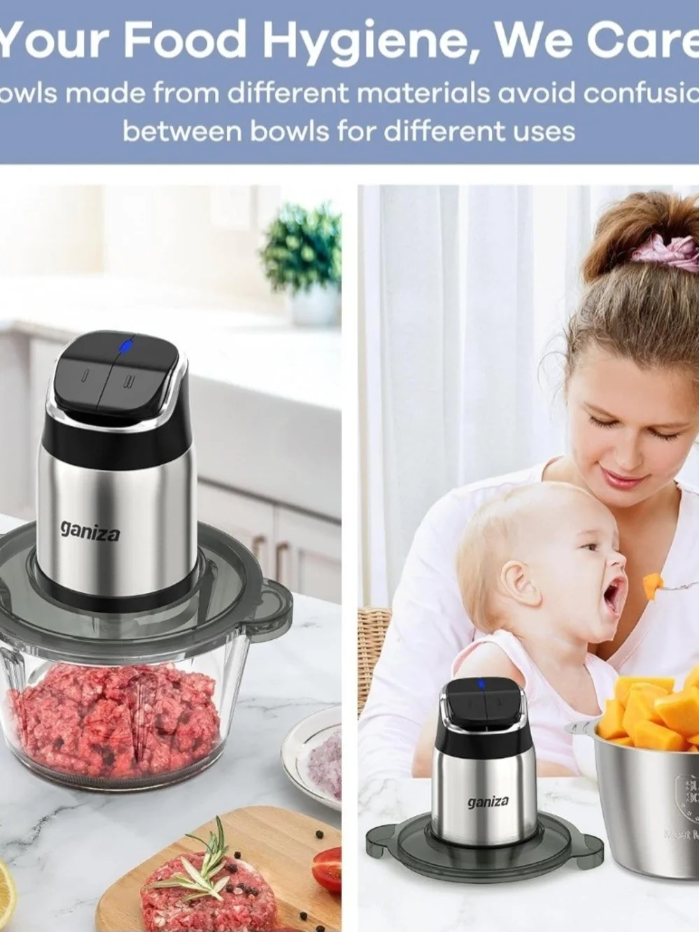 Ganiza Food Processor with Dual Bowls, 2-Speed Food Chopper & Meat Grinder  8Cup